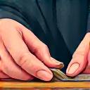 Icon illustrating a craftsman's hands working on wood with tools