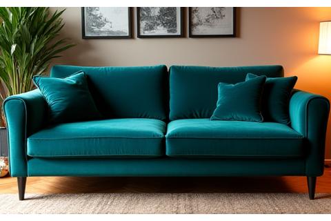 Luxurious velvet sofa, custom upholstered for a living room