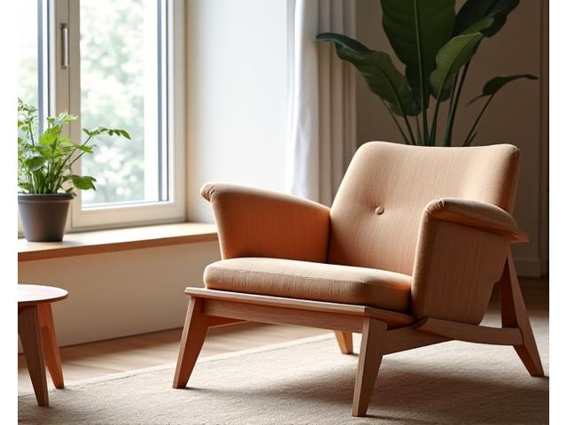 Custom designed wooden armchair in a modern living room