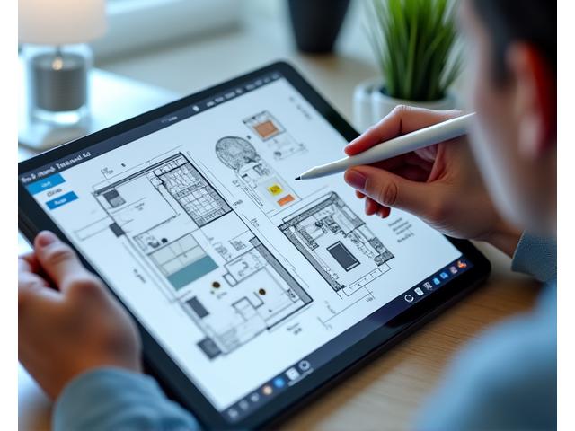 Floor plan design on a tablet with miniature furniture models